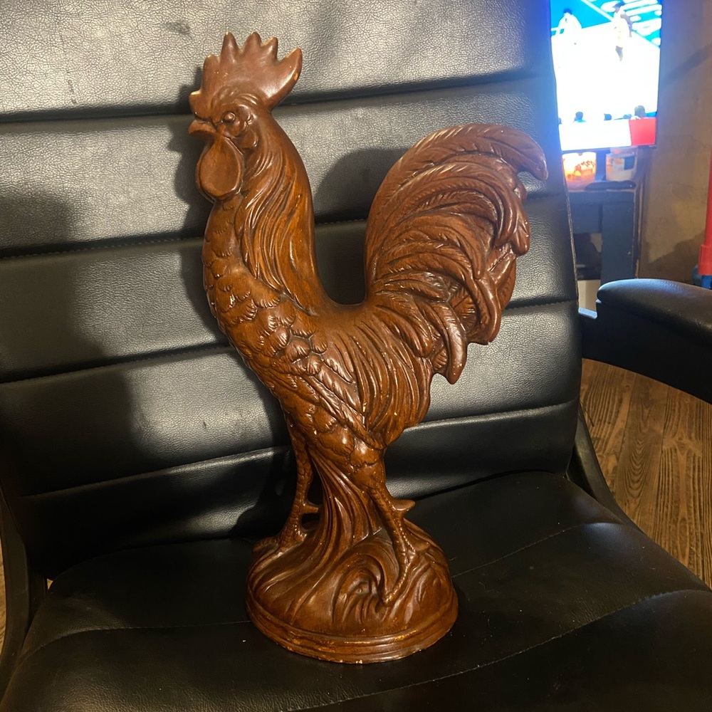 Intricate Brown Wooden Sculpture of a Rooster